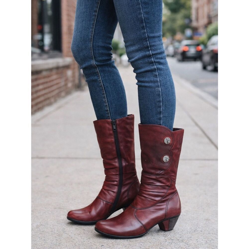Remonte by Rieker Burgundy Red Leather Mid-Calf Boots Tapered Heel Comfort Zip